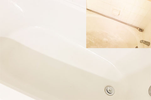 Before and after deep cleaning of bathtub with soap buildup